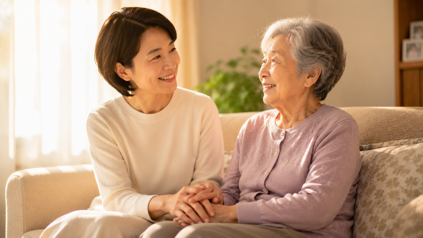 ご家族の手を握る介護者