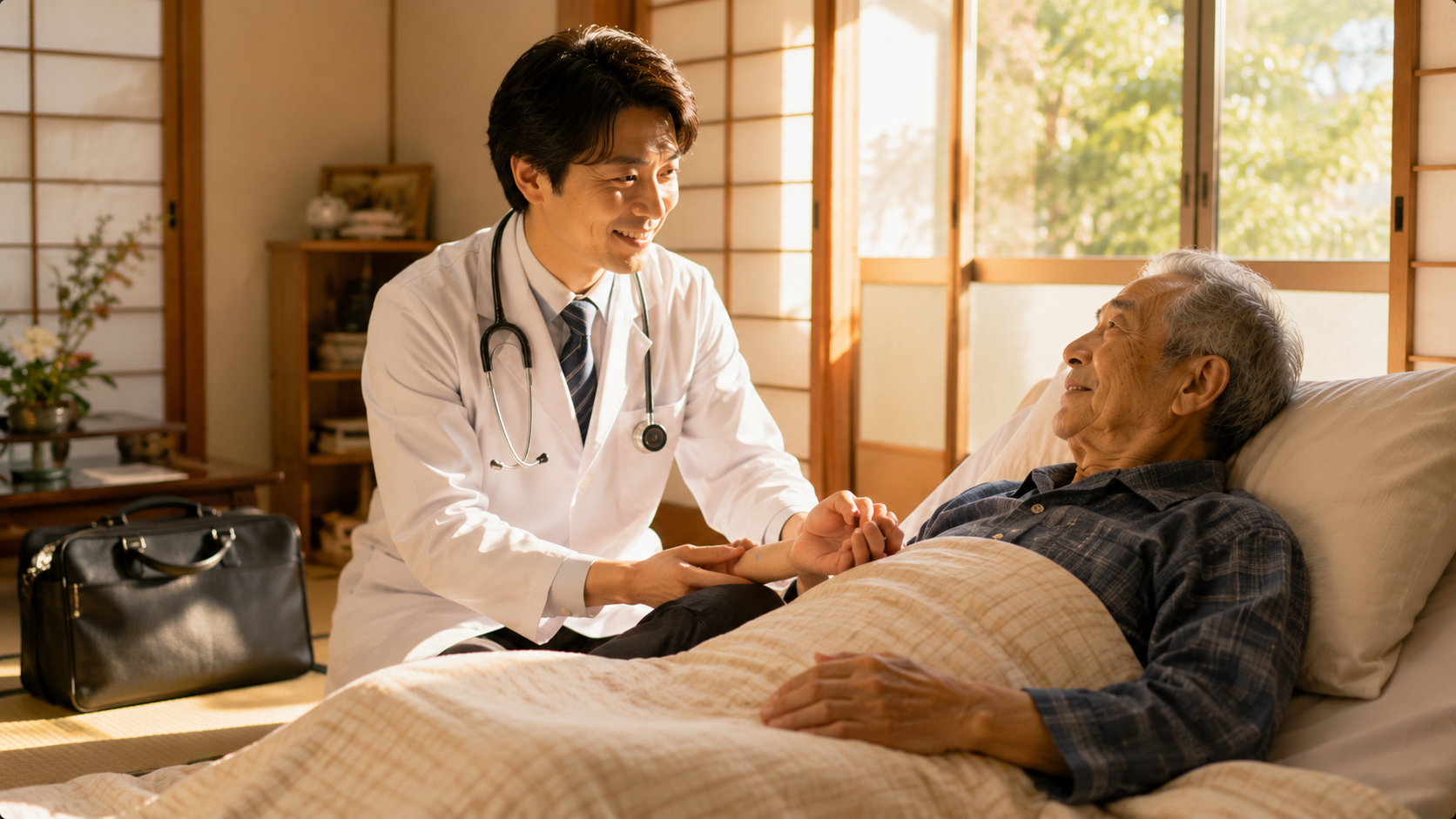 医師がご自宅で診察している様子